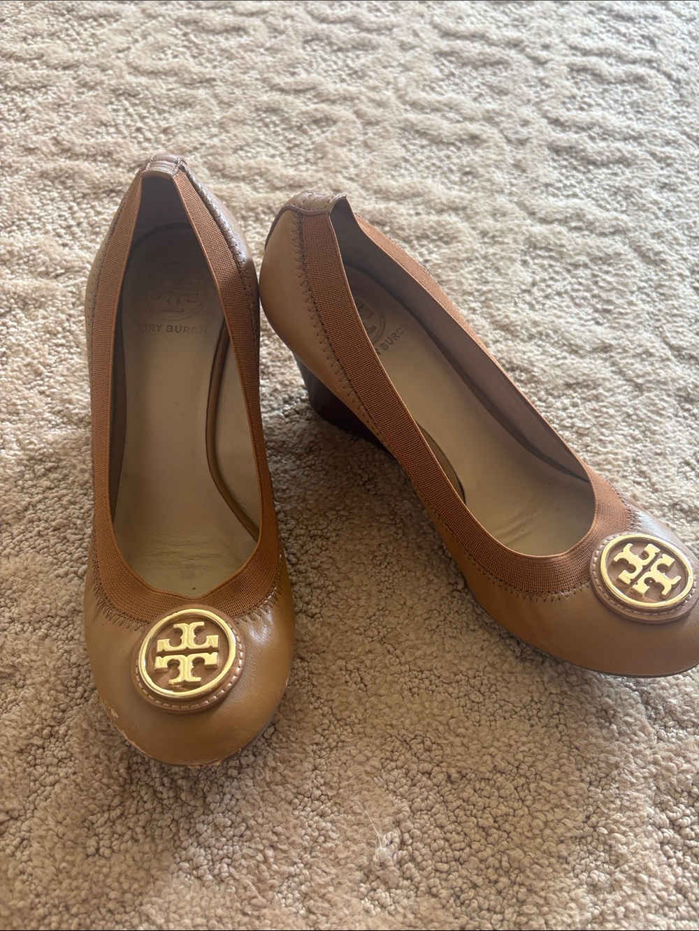 Tory Burch Tan Leather Wedges with Gold Logo Medallion